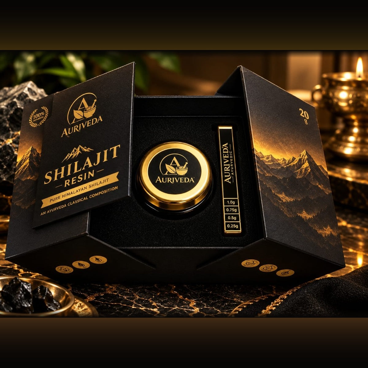 Auriveda Himalayan Shilajit Luxury Gatefold Box & 20g Jar